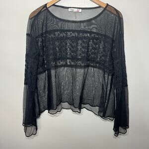 Umgee Tunic Black Sheer Bell Sleeve Lace Panel Whimsigoth Fairy Grunge Witchy S